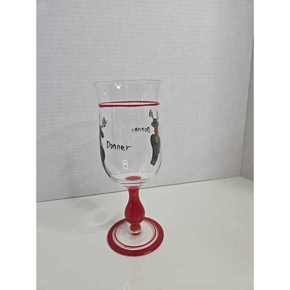 Pottery Barn DONNER Christmas Reindeer Goblet Glass Hand Painted Red Base EUC - Picture 2 of 7
